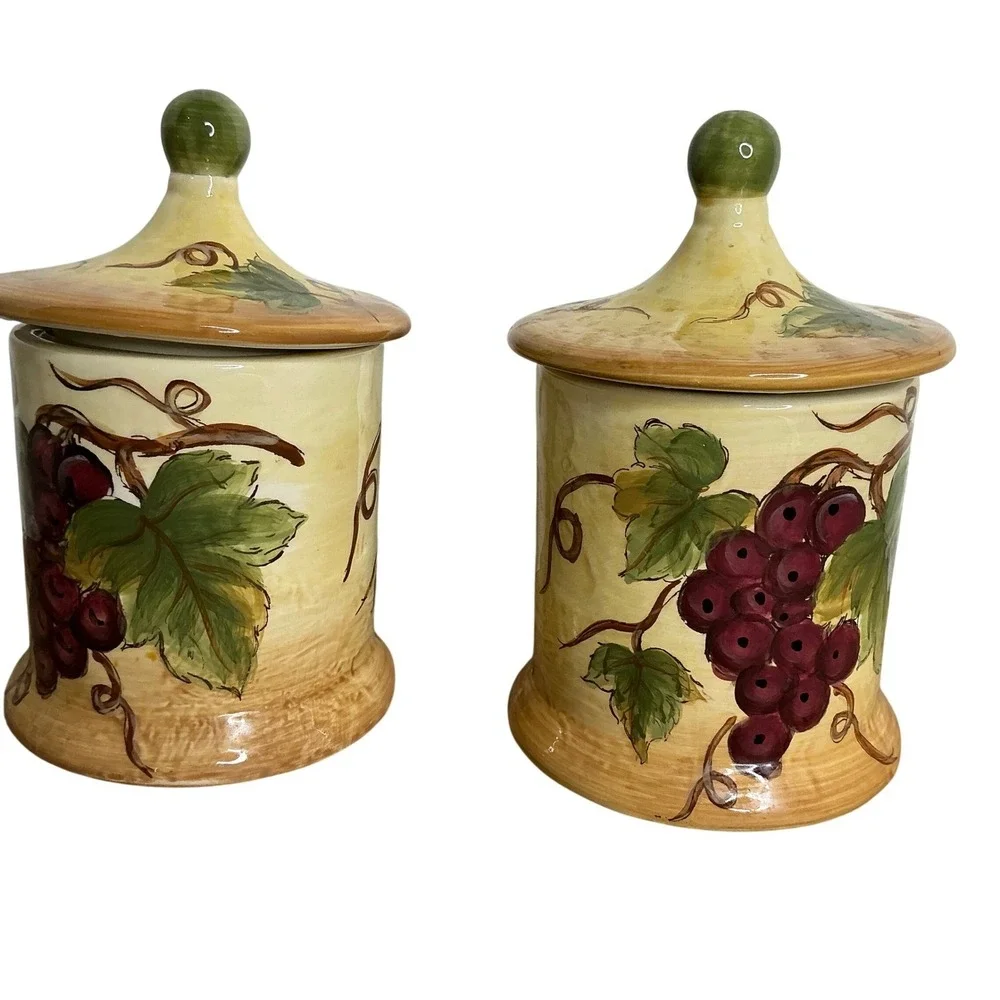 Charming Ceramic Canisters with Grapes and Leaves Set of 2 Vineyard Theme